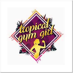 Tropical Gym Girl lifting weights in paradise Posters and Art